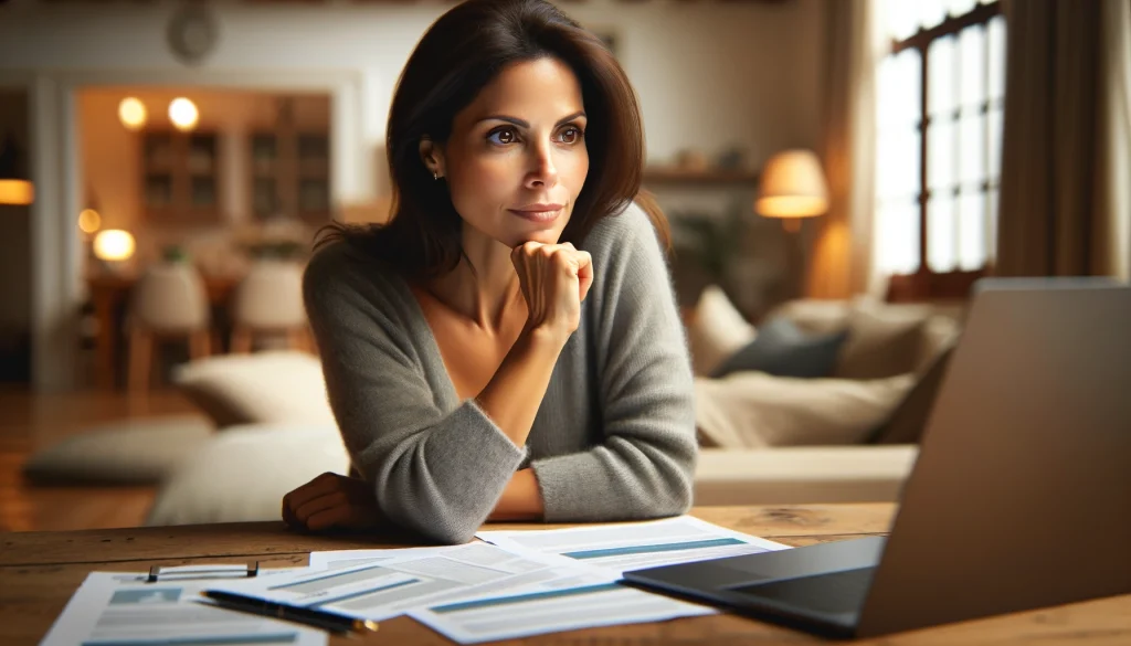 Mulher olhando para um notebook em uma sala de estar com papéis de contas do plano de saúde ao seu redor.