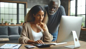 Mulher e seu pai pesquisando sobre reajuste do plano de saúde. Estão olhando para o computador e fazendo contas com alculadora.