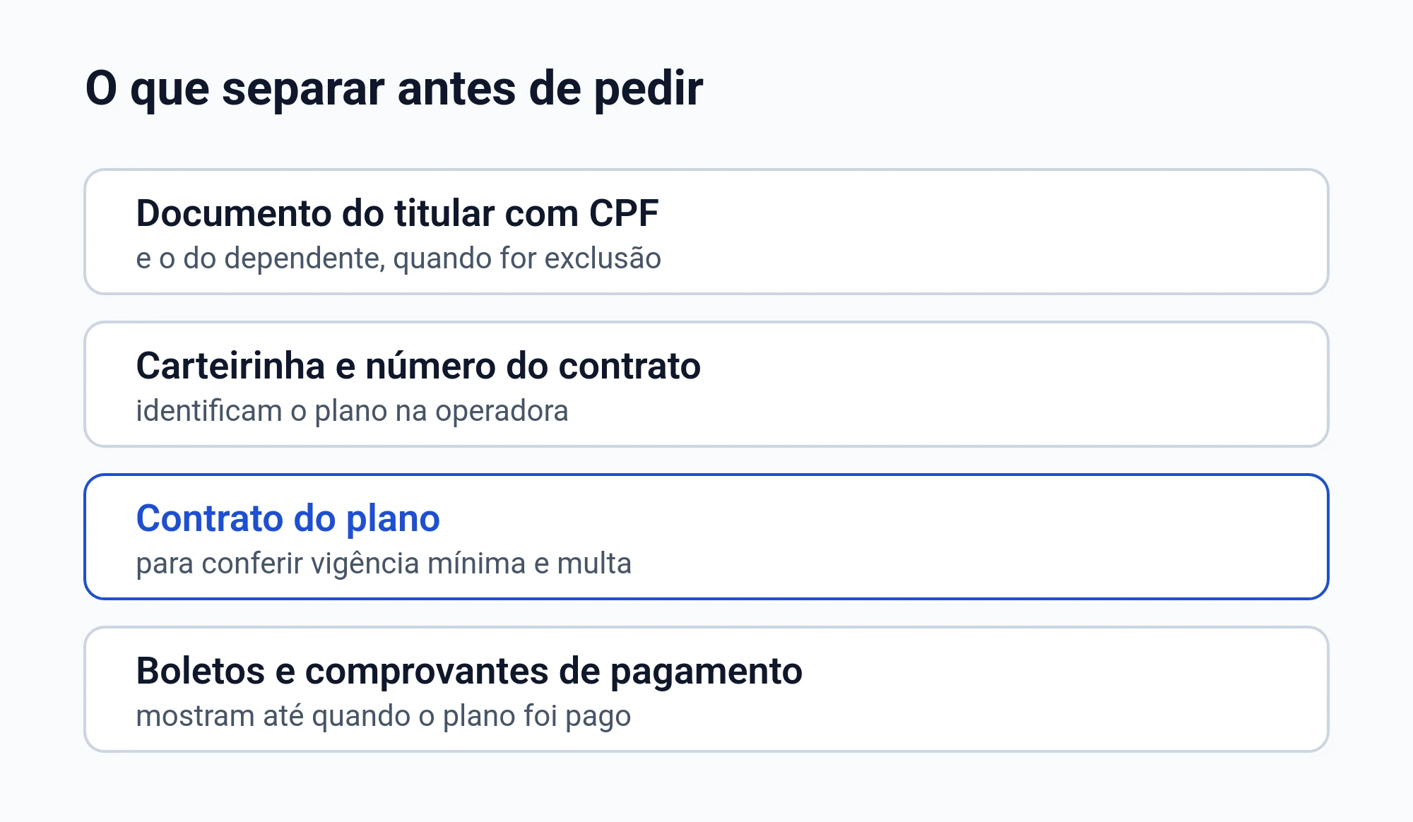 Lista do que separar antes de pedir o cancelamento do plano de saúde: documento do titular com CPF, carteirinha e número do contrato, contrato para conferir a vigência mínima, e os boletos