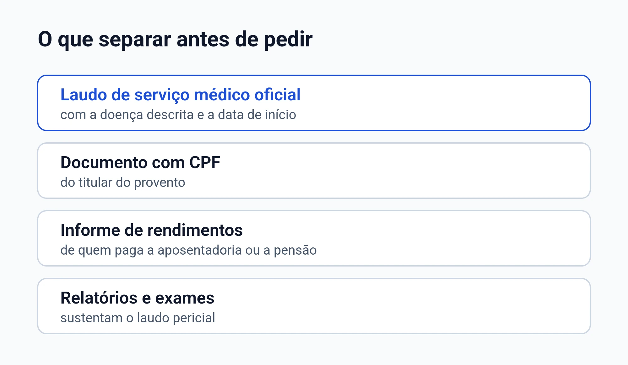 Lista do que separar antes de pedir a isenção de imposto de renda: laudo do serviço médico oficial, documento com CPF, informe de rendimentos, e os relatórios e exames