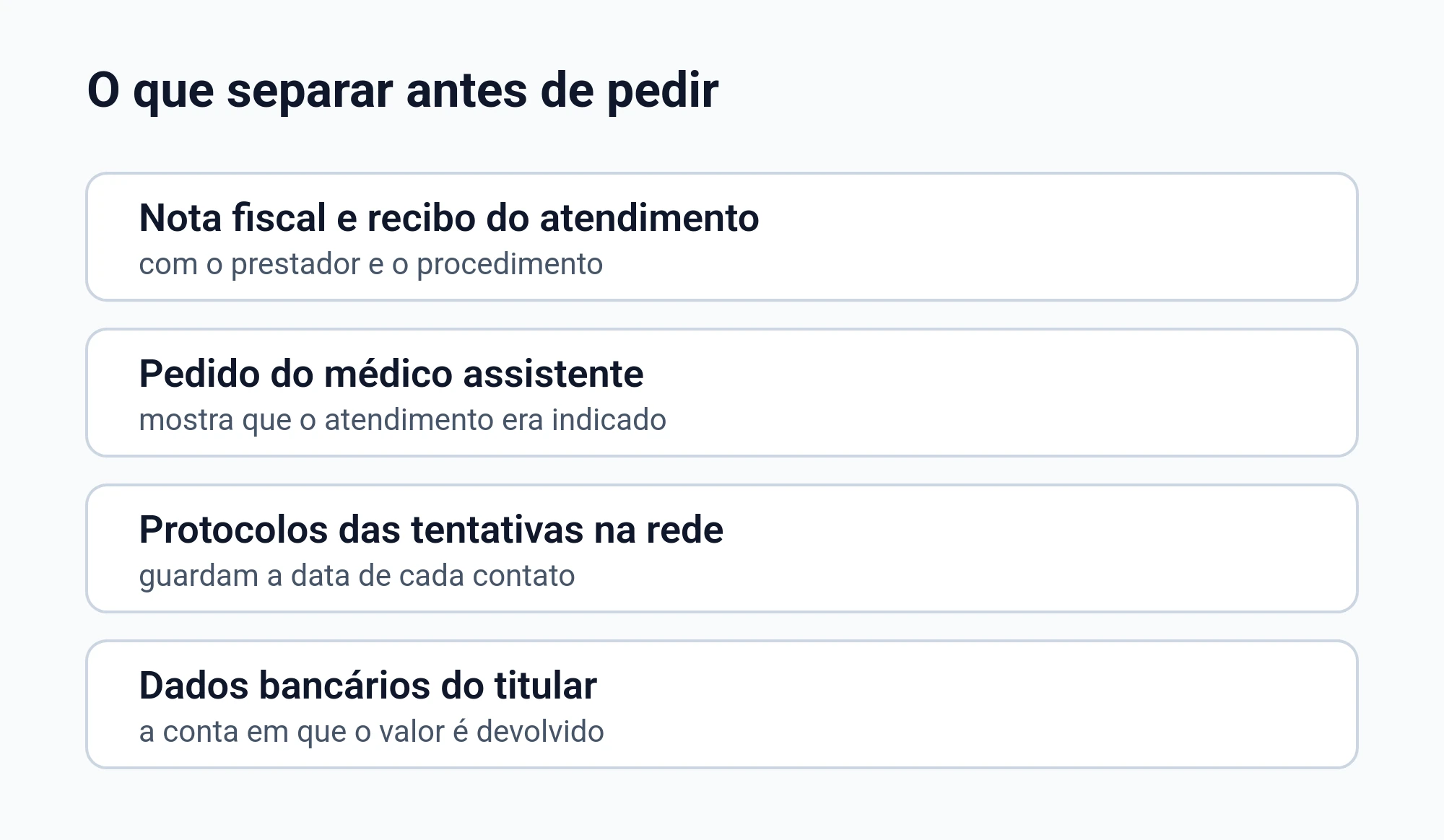Lista do que separar antes de pedir o reembolso ao plano de saúde: nota fiscal e recibo, pedido do médico assistente, protocolos das tentativas na rede, e os dados bancários do titular